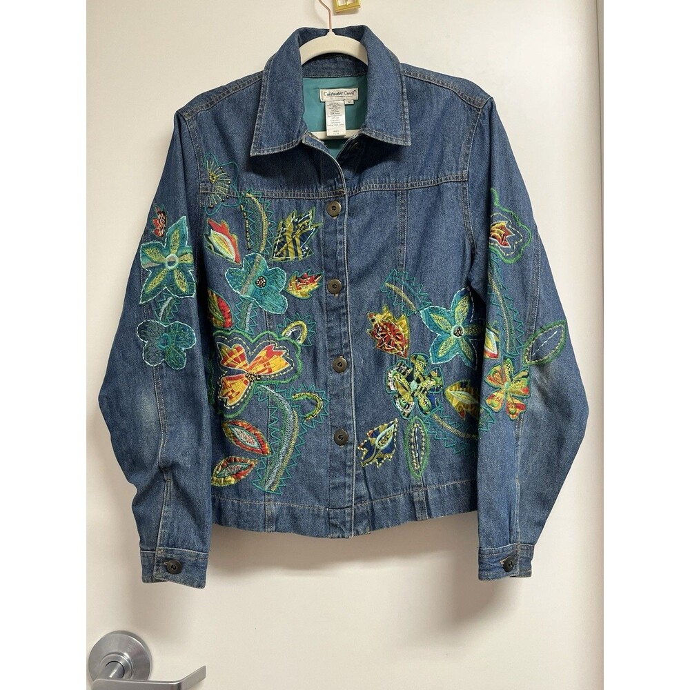 Embroidered  Blend Coldwater Creek Denim Jacket S Floral Boho Art to Wear